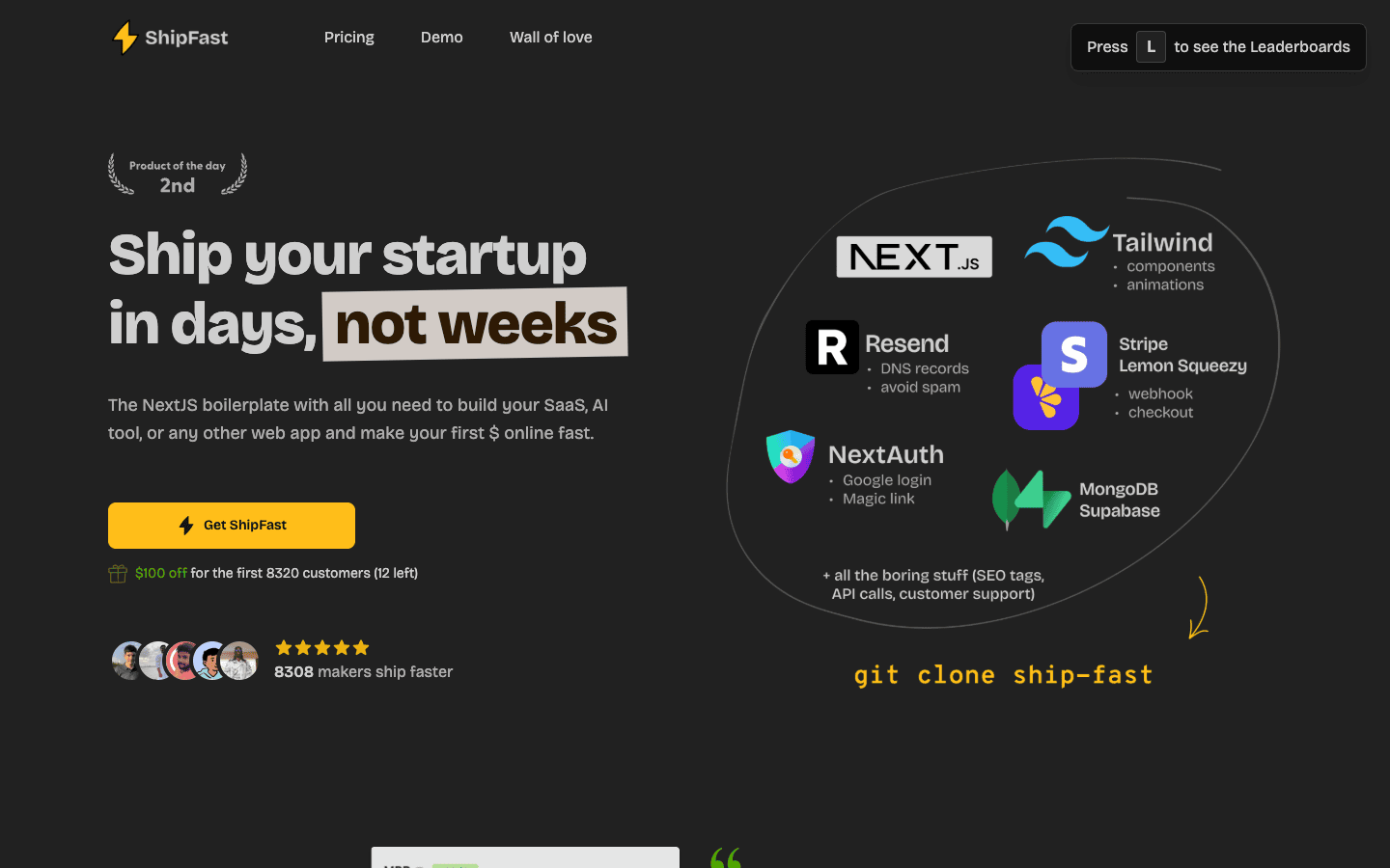 ShipFast 官网截屏 - Next.js SaaS 样板代码