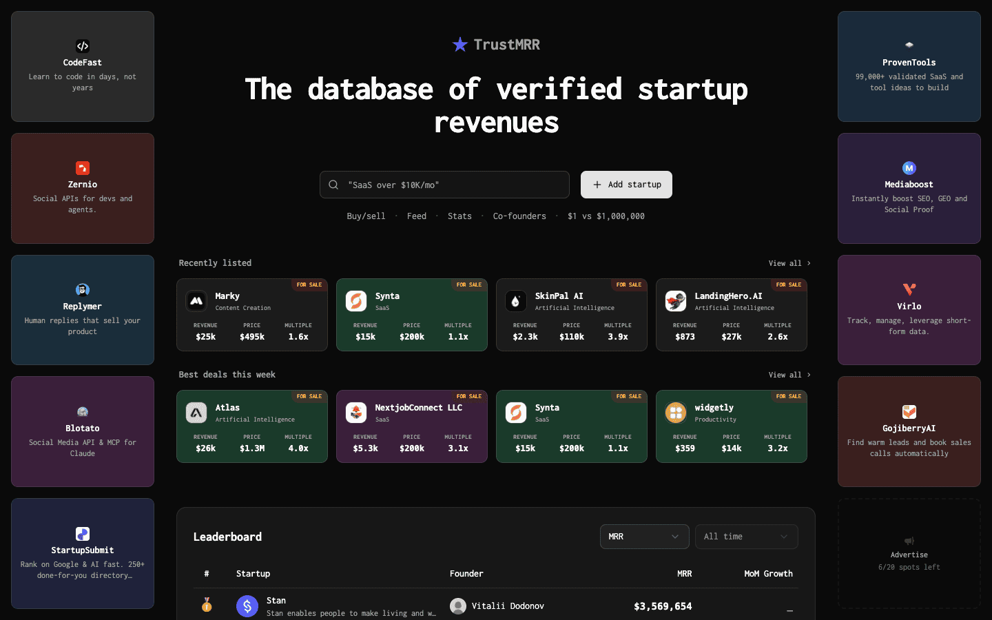 TrustMRR 官网截屏 - Stripe 收入验证平台